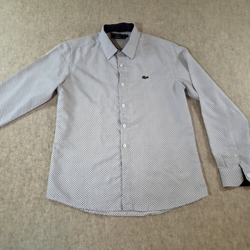 Lacoste Men’s White Button‑Up Shirt Geometric Pattern Long Sleeve Size S